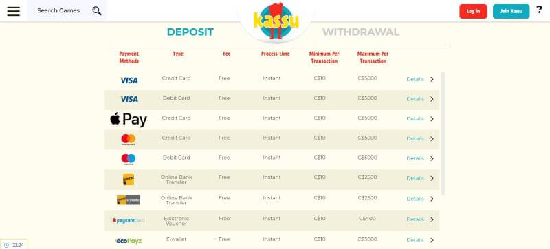 Kassu Casino Payment Methods