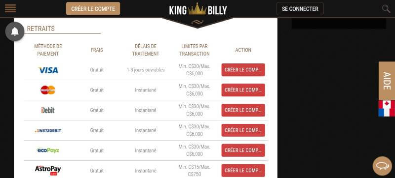 King Billy Casino Withdrawals